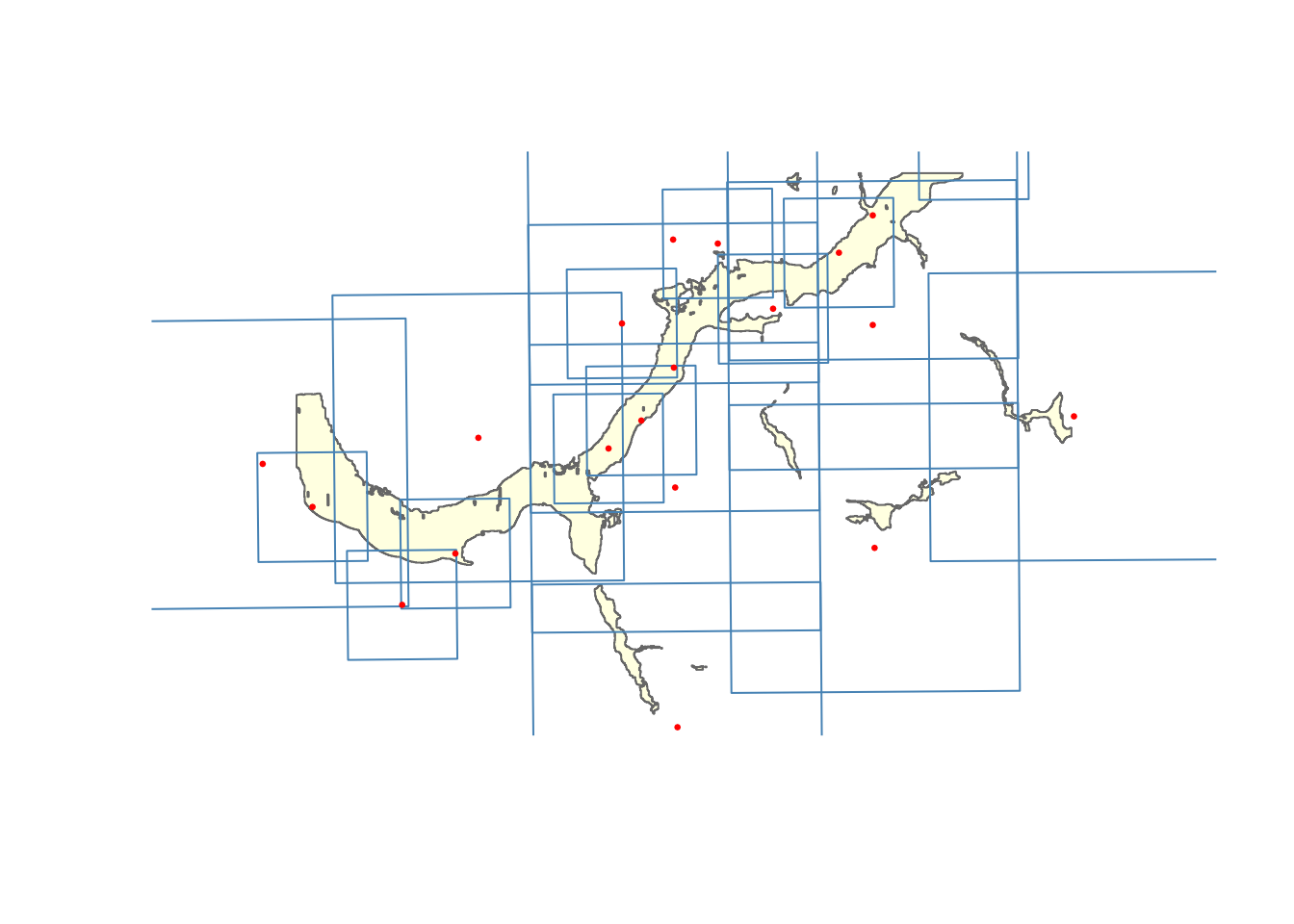 Estimated photo footprints (blue rectangles) and centroids (red dots) overlaid on the Upper Bulkley River floodplain AOI.