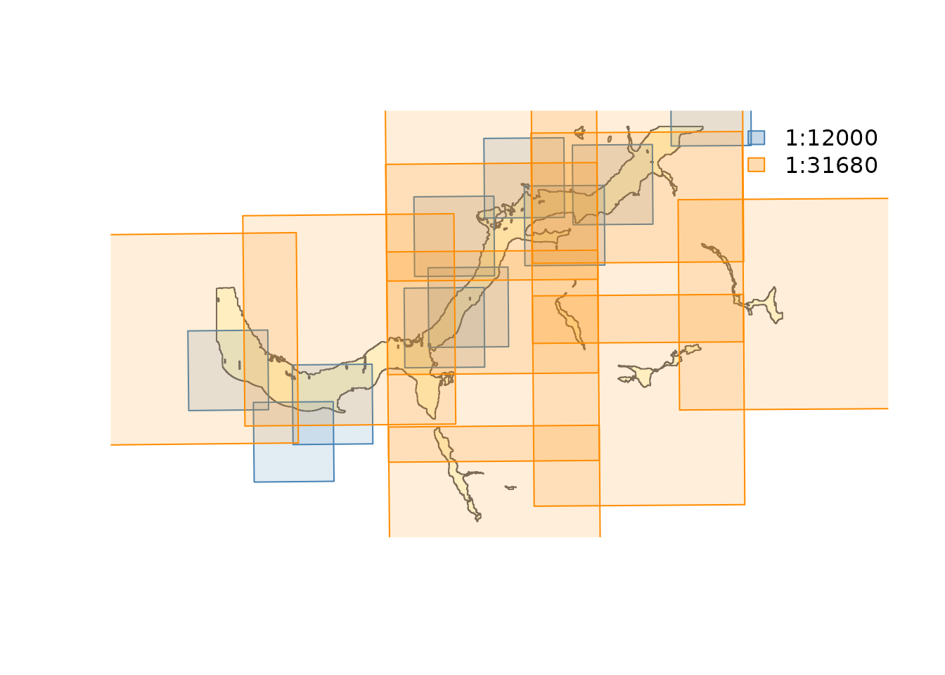 Multi-scale priority selection — finest-scale photos first (blue), coarser scales backfill gaps (orange).