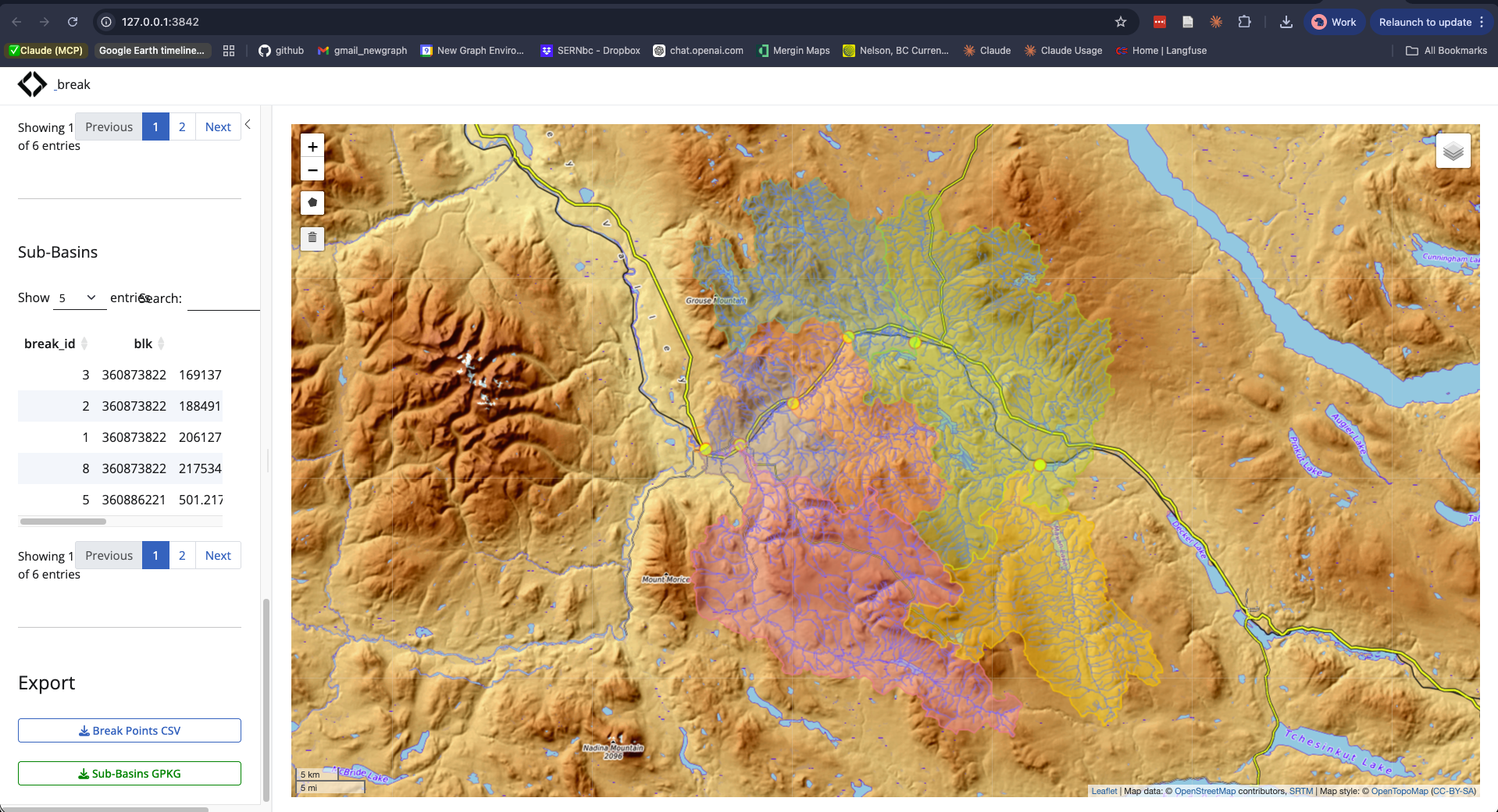 breaks app screenshot showing sub-basins delineated along the Neexdzii Kwah watershed