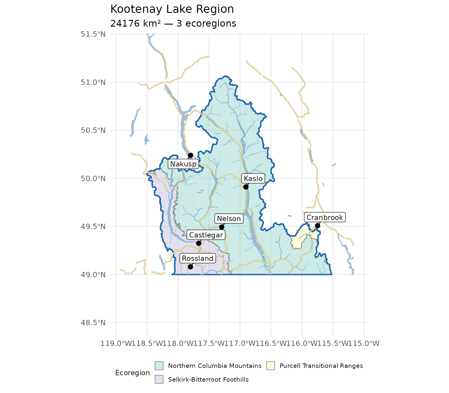 Kootenay Lake Region area of interest (~24,000 km²) in southern interior British Columbia, coloured by ecoregion. Kootenay Lake dominates the basin; Lower Arrow Lake and the Slocan are visible to the west.