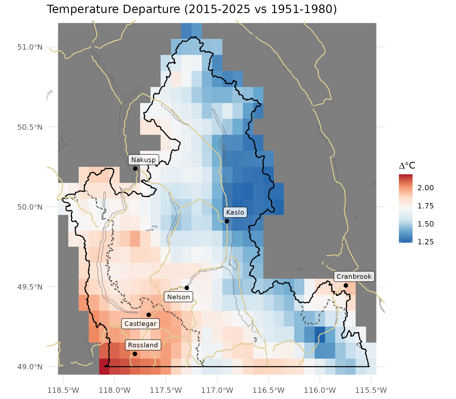 Spatial pattern of annual mean temperature departure across the Kootenay Lake Region (2015-2025 mean minus 1951-1980 mean, degrees C).