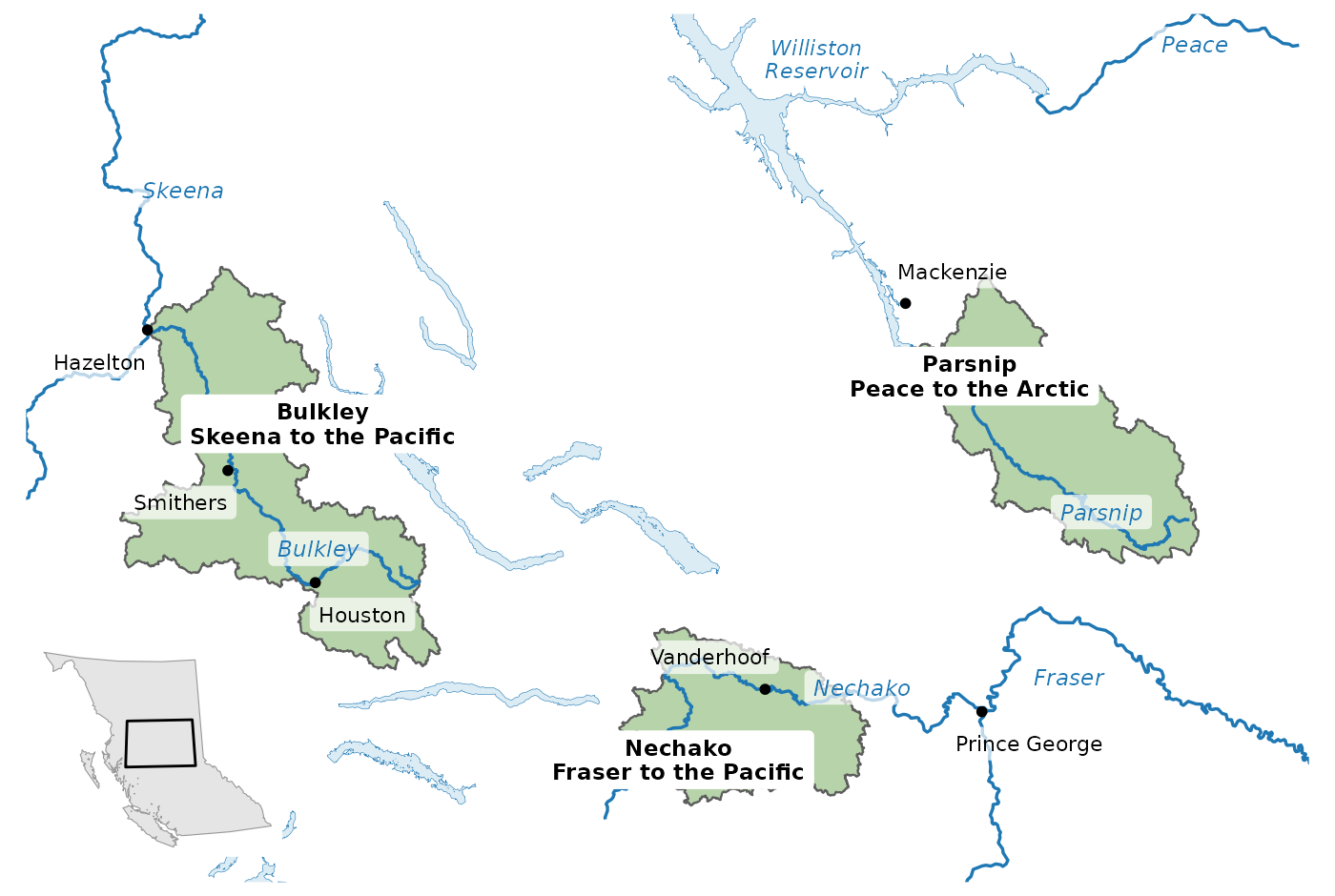 The Bulkley, Nechako and Parsnip watersheds feed three different river systems: the Skeena and the Fraser run to the Pacific, and the Peace runs to the Arctic. Rivers named on the map are the main stems; the inset shows the area within British Columbia.