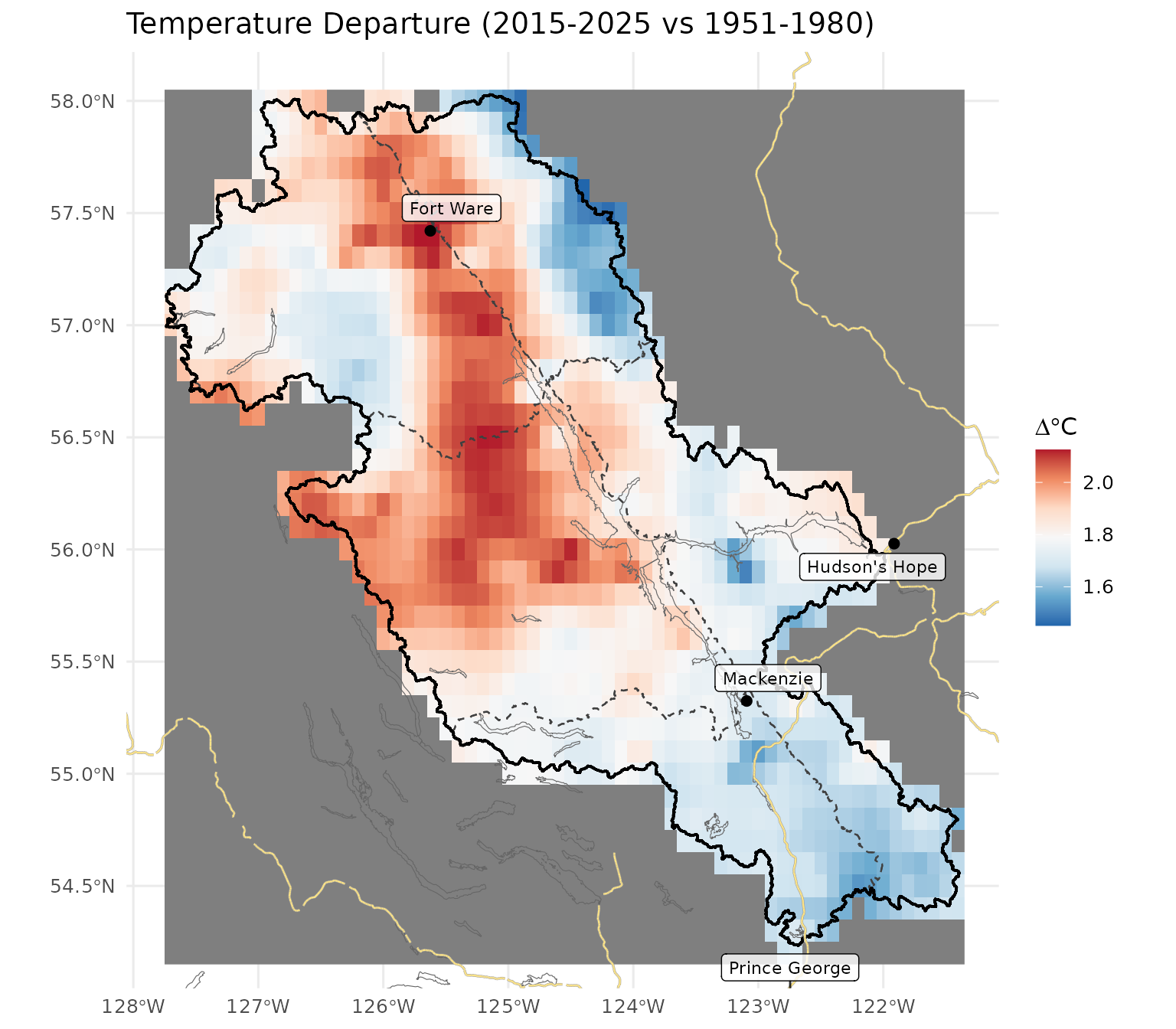 Spatial pattern of annual mean temperature departure across the FWCP Peace Region (2015-2025 mean minus 1951-1980 mean, degrees C).