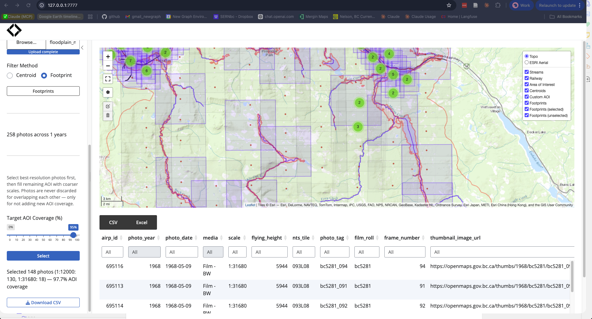 diggs app screenshot showing photo centroids and footprints over the Neexdzii Kwah watershed