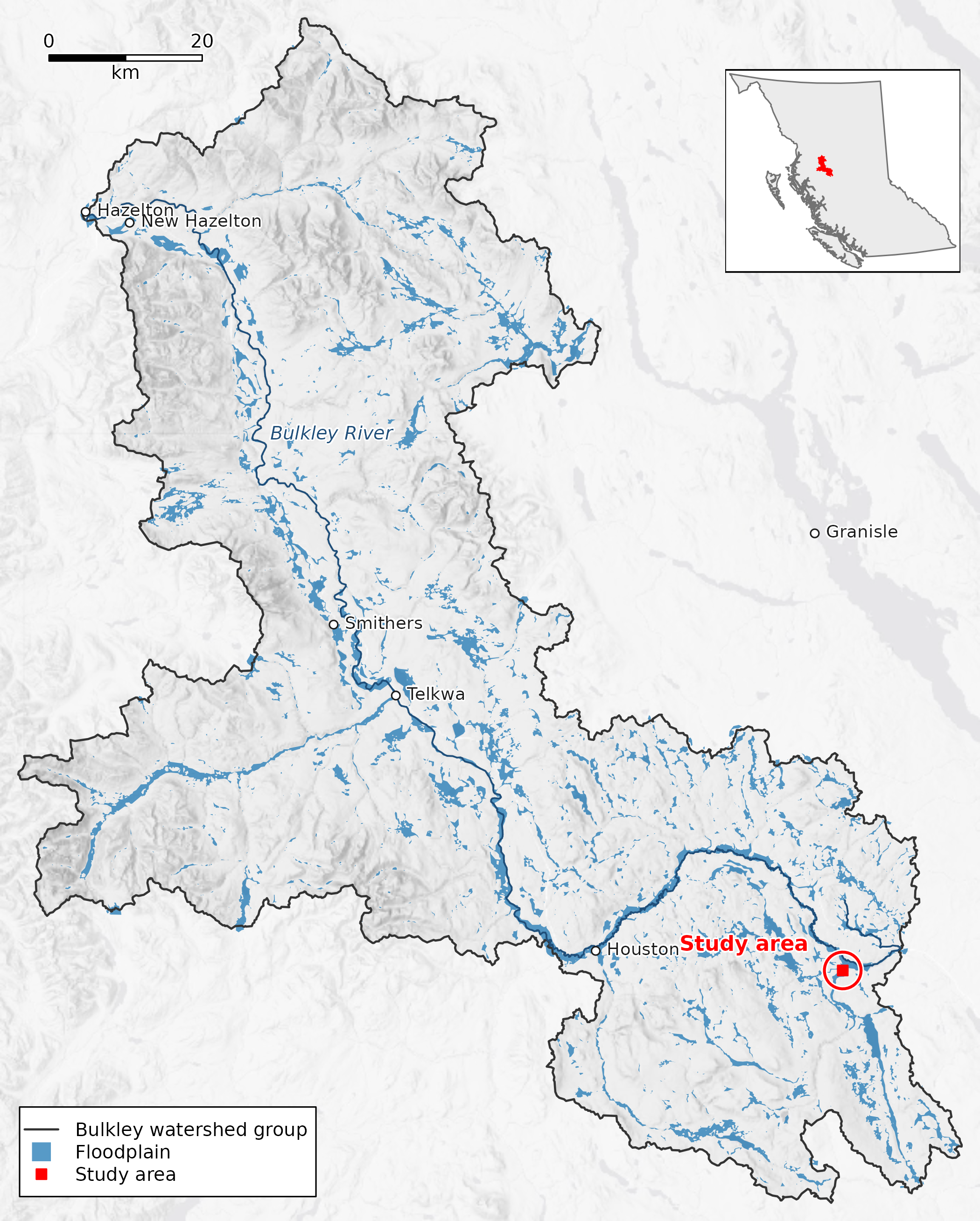 The box in the Bulkley River watershed group, northern British Columbia. Blue is the watershed group's floodplain and the darker line the Bulkley River; ground outside the group is dimmed, and the inset shows the group in the province. The scale bar is 20 km at the box's latitude. Basemap: Esri World Light Gray Base (Esri, HERE, Garmin, (c) OpenStreetMap contributors, and the GIS user community); Esri World Hillshade (Esri, Vantor, Airbus DS, USGS, NGA, NASA, CGIAR, N Robinson, NCEAS, NLS, OS, NMA, Geodatastyrelsen, Rijkswaterstaat, GSA, Geoland, FEMA, Intermap, and the GIS user community).