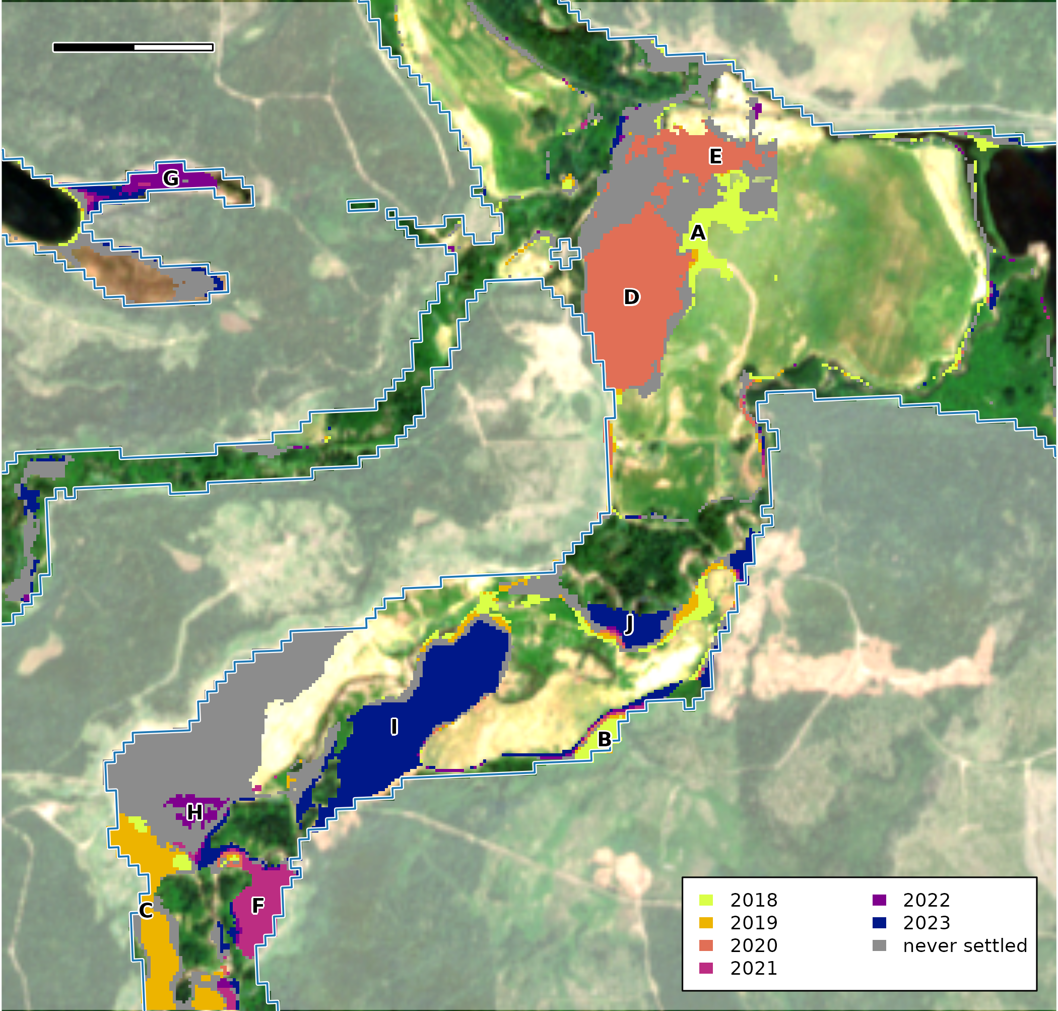 Floodplain cells by the year their land cover switched and stayed switched, over the 2023 Sentinel-2 image. Grey cells changed but never settled on one class. Uncoloured floodplain cells either kept their class or flickered and came back to it. Ground outside the floodplain is dimmed. Letters name the change areas of 1 ha or more. The blue line is the edge of the floodplain; the scale bar is 500 m.