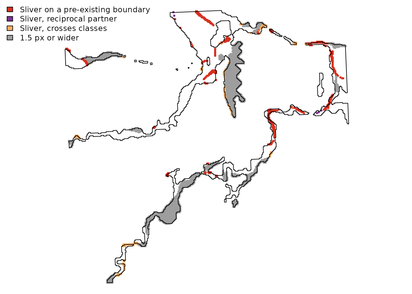 Change patches 2017--2023 by artifact evidence. Slivers on a pre-existing boundary (red) are the misregistration shape; slivers that cross class boundaries (orange) are thin but not explained by a shift; patches with a reciprocal partner (purple) are the channel-shift shape.
