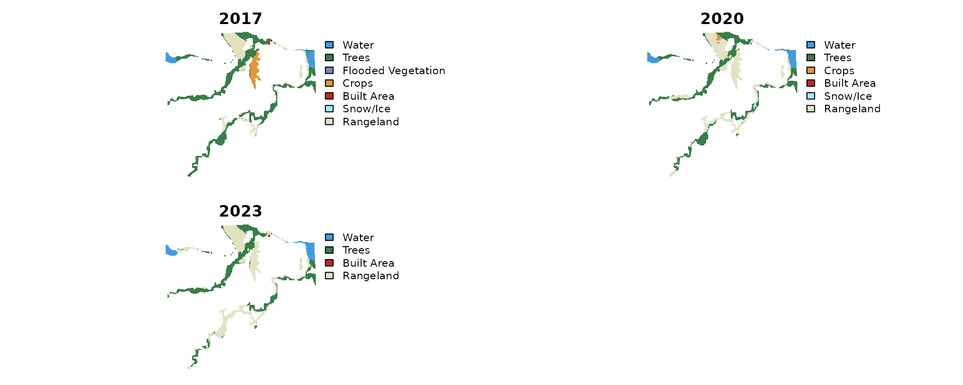 Classified land cover for the Neexdzii Kwa floodplain reach across three time steps.
