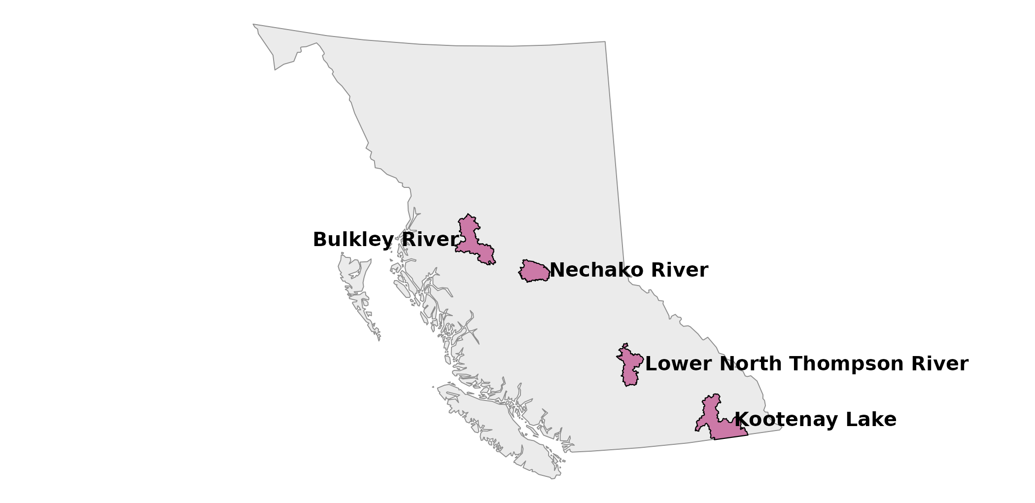The four watershed groups, in British Columbia. These are the four with a complete 2017-2023 annual series published; they are not a sample of anything. Names and boundaries are the BC Freshwater Atlas watershed groups, from the record cited in the shipped data.