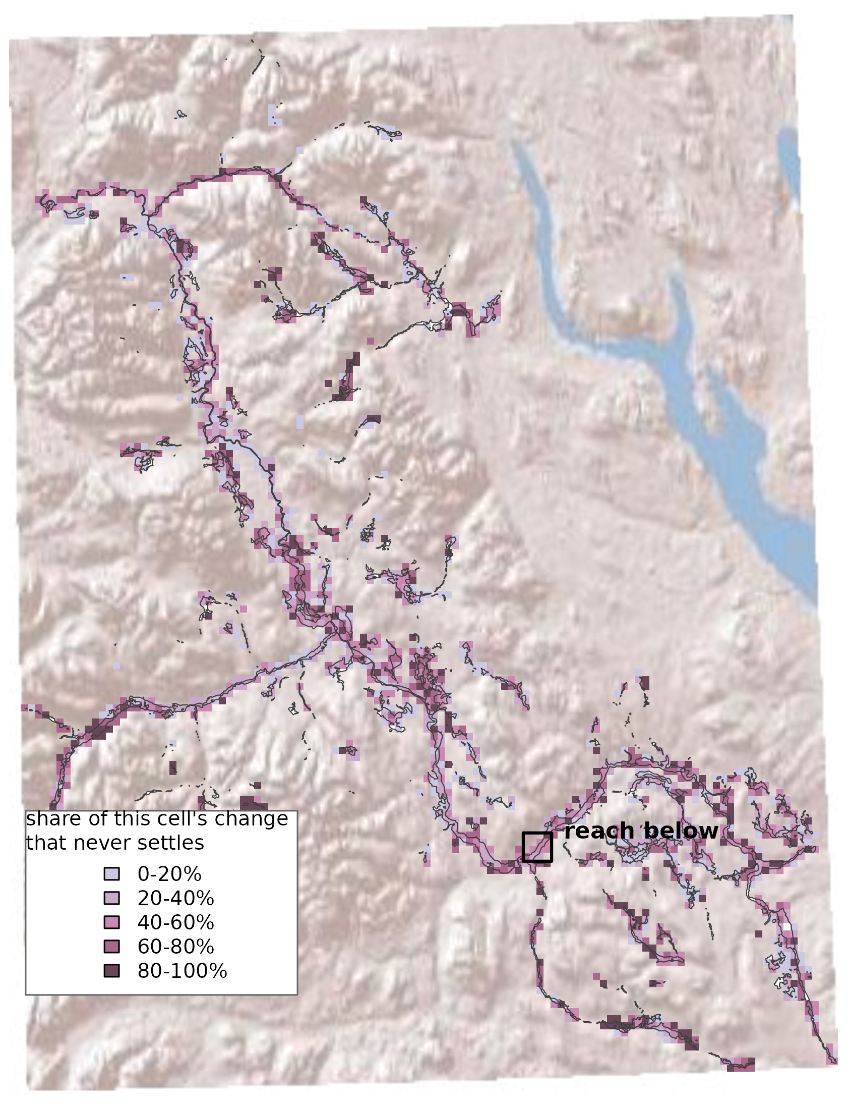 The Bulkley River floodplain, aggregated to 1 km cells and binned by the share of that cell's reported change that never settles. Shaded relief behind it for context; the floodplain is outlined, and the large water body to the northeast is not part of it. The box marks the reach in the next figure.