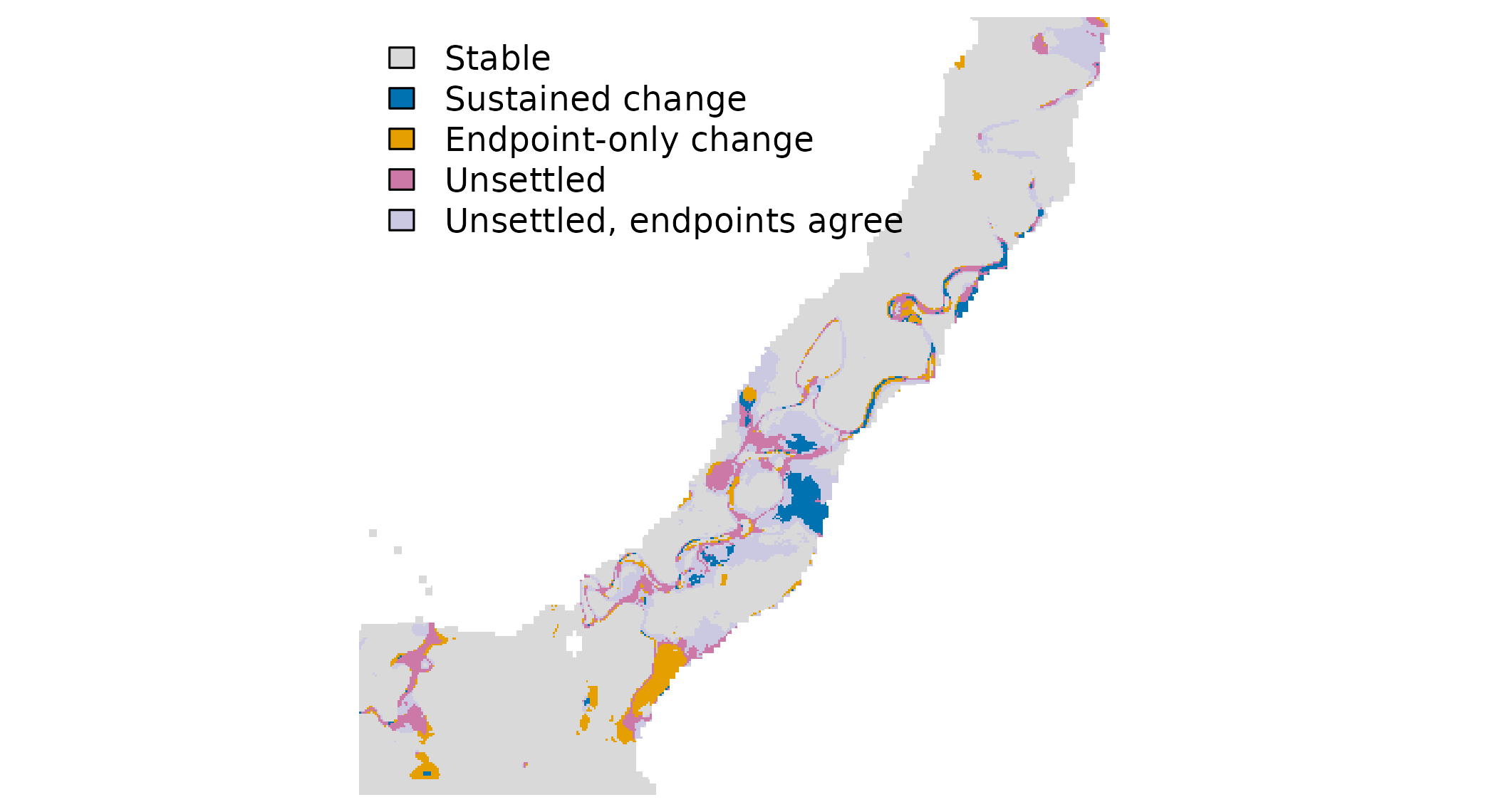 The same floodplain at the mapped 10 m resolution, over a 4 km reach — the box in the previous figure. Each cell carries its own temporal category rather than a share.