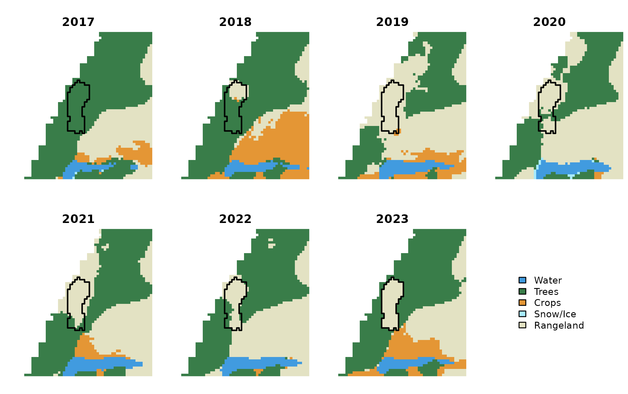 One 1.44 ha patch of the Bulkley floodplain mapped as Trees in 2017 and Rangeland in 2023, shown for each year of the series. The outline is the patch; classes are Esri IO LULC. The patch was selected by rule, not by eye: of 21,701 change patches, 4036 are Trees to Rangeland, 194 of those are 1 to 4 ha, and 52 of those carry all three temporal categories at 10% or more of their cells. This is the most evenly split of the 52.