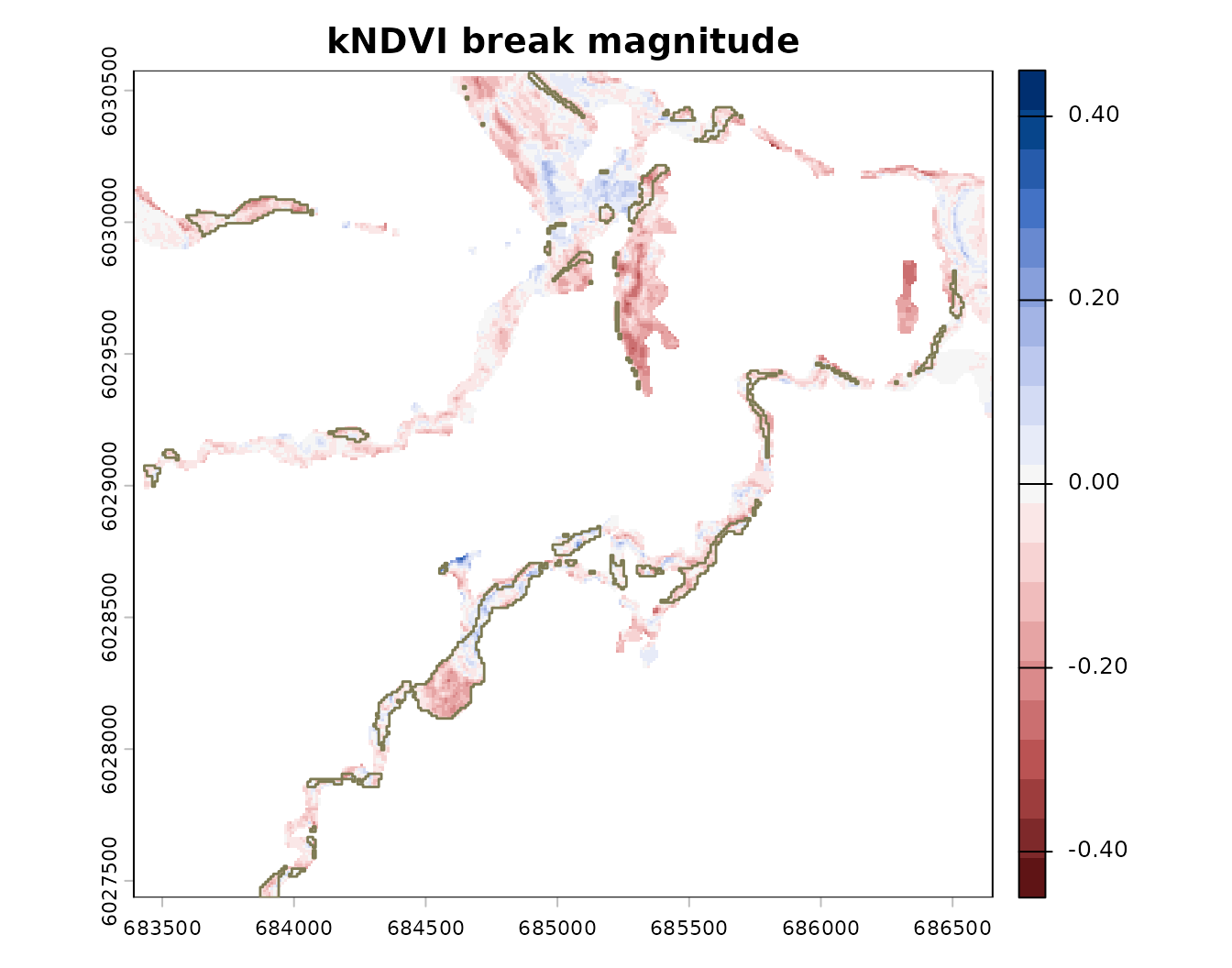 Break magnitude (red = a large kNDVI drop). Beige outlines are LULC Trees-to-Rangeland. Some red blocks sit inside the outlines (confirmed, dated harvest); some fall outside them (removal the categorical map missed); some outlines carry no break (a label change without real canopy loss).