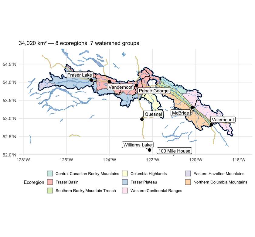 Study area in central British Columbia, coloured by ecoregion, with the seven watershed groups (heavy black outlines) that define the analysis extent. The Fraser flows south-east through the interior plateau (Fraser Basin / Fraser Plateau ecoregions) before turning south near Prince George; the eastern WSGs sit in the Western Continental Ranges and adjacent Rocky Mountain ecoregions.