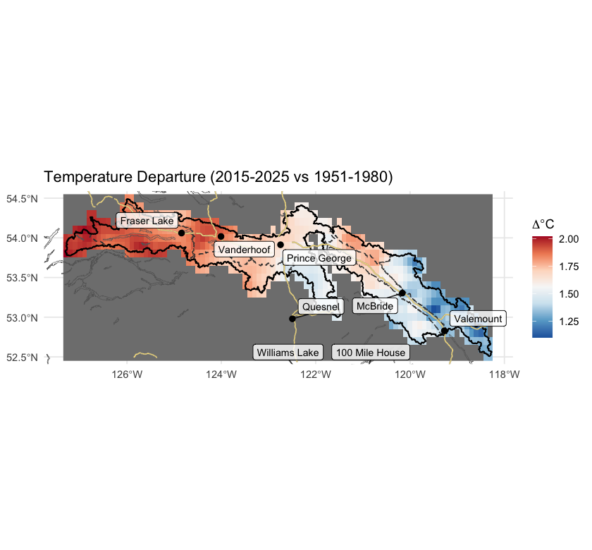 Spatial pattern of annual mean temperature departure across the AOI (2015-2025 mean minus 1951-1980 mean, degrees C). The dominant axis runs west-warm (interior plateau) to east-cool (Rocky Mountain ranges), with a secondary south-to-north amplification.