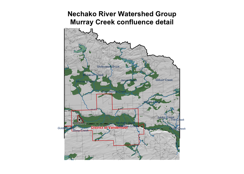 Detail view of the Murray Creek confluence with the Nechako River. Symbology as Figure \@ref(fig:flood-map-wsg); named streams labelled in italic blue; municipalities outlined and labelled in red.
