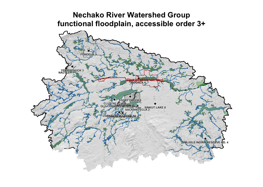 Nechako River Watershed Group functional floodplain (green) over hillshaded terrain. Chinook accessible order-3+ streams in blue; lakes and wetlands in light blue; parks light green; First Nations reserves light grey with diamond markers and labels; municipalities outlined in red; forest service / resource roads grey; railways black dashed; watershed boundary heavy black.
