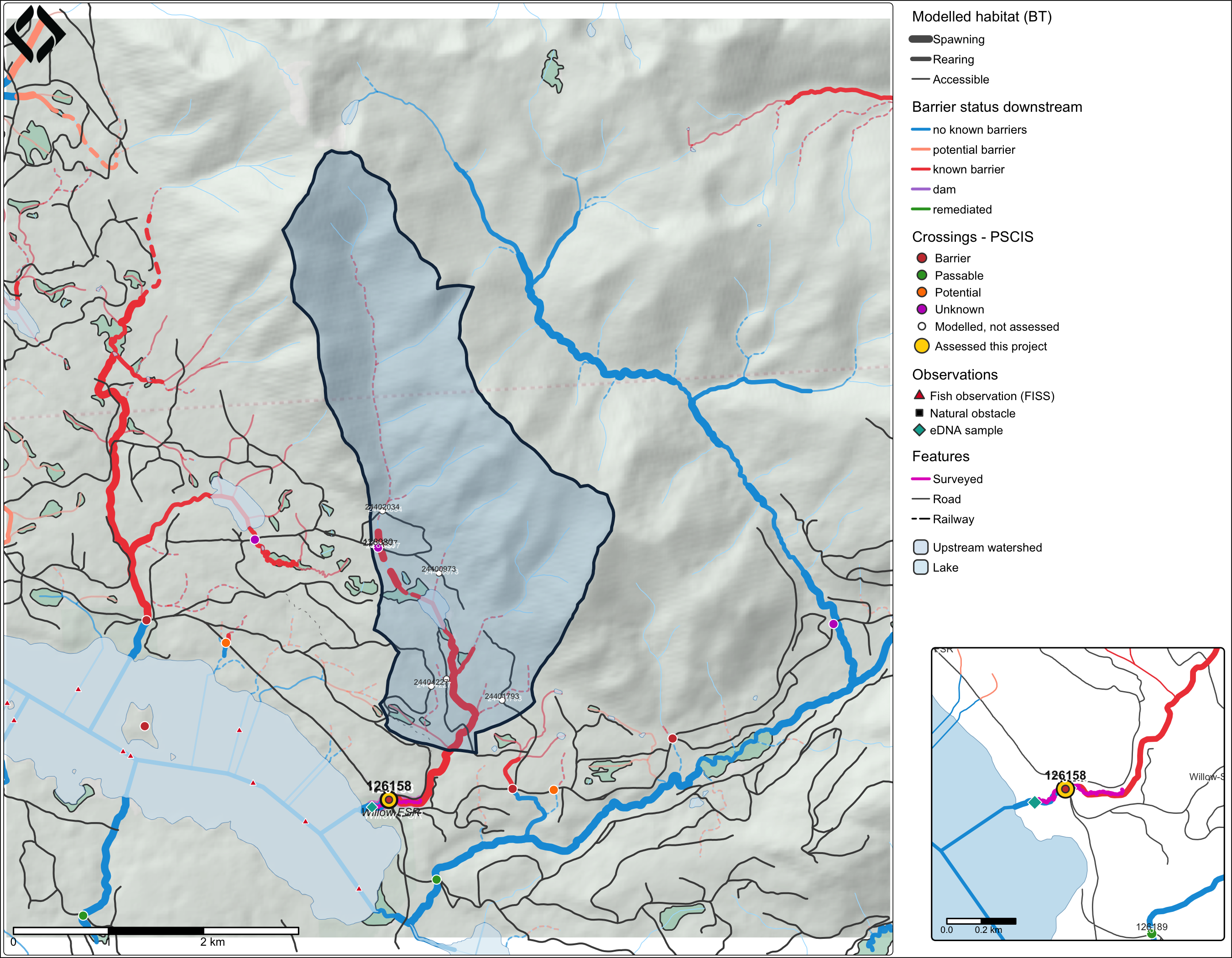 Habitat confirmation site map for PSCIS crossing 126158. Modelled habitat from bcfishpass (model run 133). Basemap (c) OpenStreetMap contributors, (c) CARTO; relief from MRDEM-30.