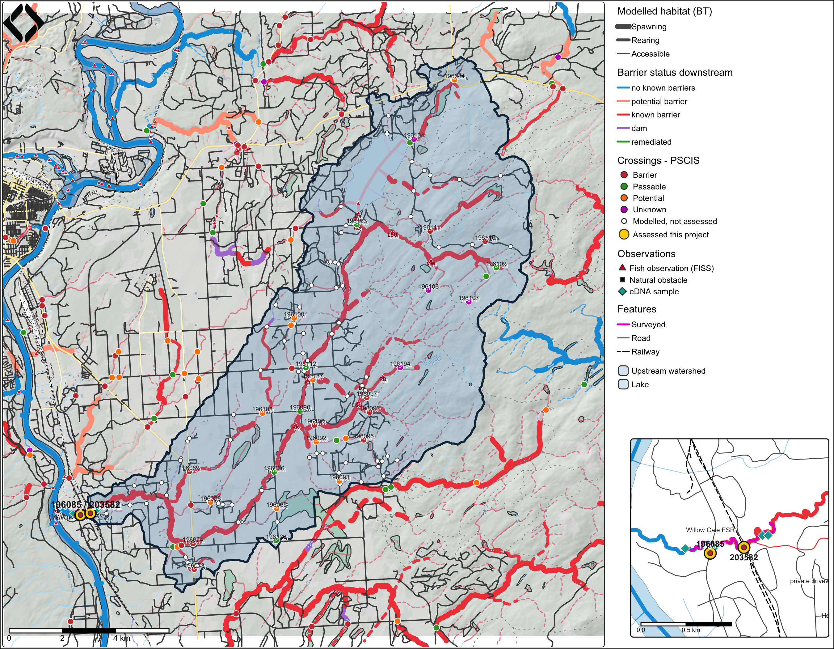 Habitat confirmation site map for PSCIS crossings 196085 and 203582. Modelled habitat from bcfishpass (model run 133). Basemap (c) OpenStreetMap contributors, (c) CARTO; relief from MRDEM-30.