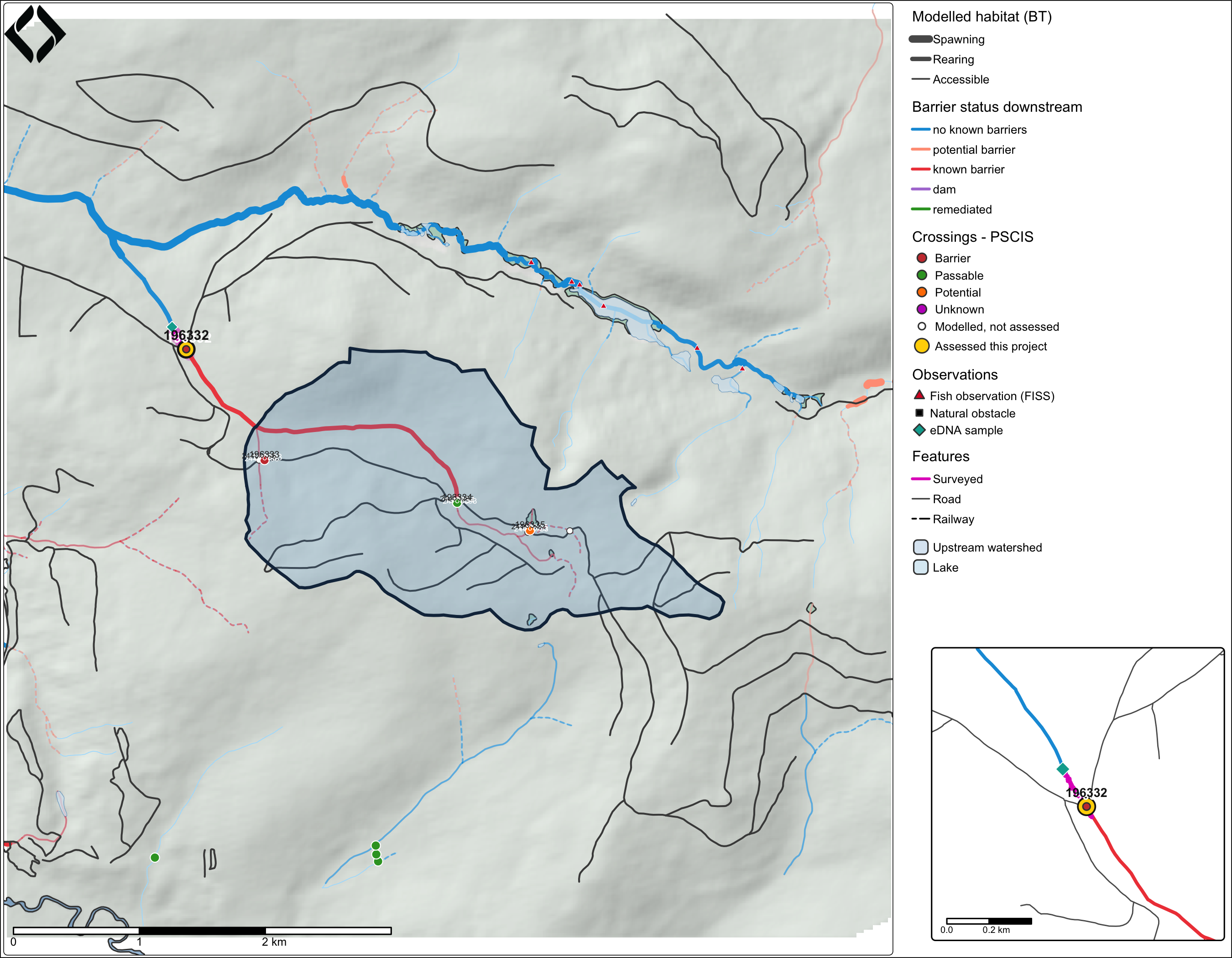 Habitat confirmation site map for PSCIS crossing 196332. Modelled habitat from bcfishpass (model run 133). Basemap (c) OpenStreetMap contributors, (c) CARTO; relief from MRDEM-30.
