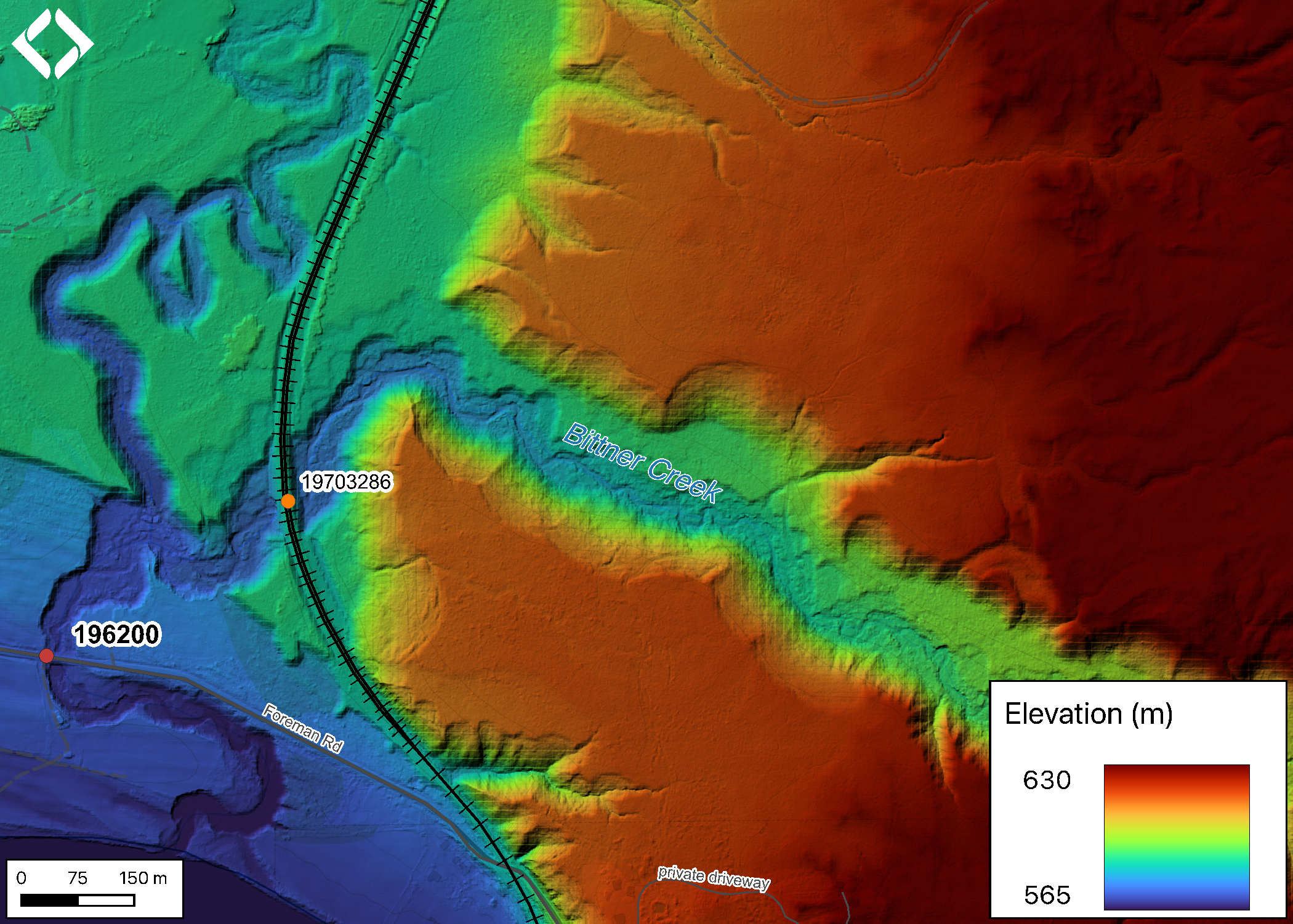 Lidar generated digital elevation model of Bittner Creek at Forman Road.
