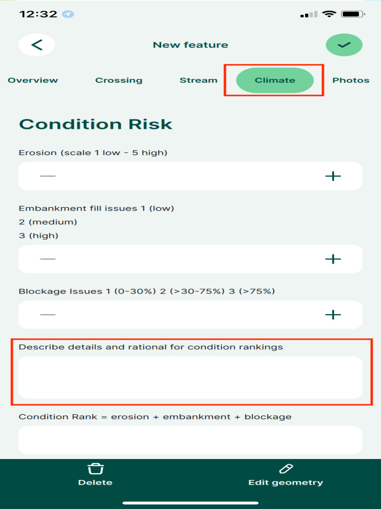 Left: Place to write detailed comments regarding the habitat in the `Crossing` section of the form. Right: Place to write climate-related comments in the `Climate` section of the form.