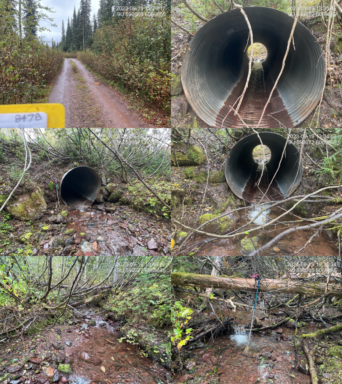 Left: Under the correct heading (Road photo, Barrel Photo, etc), add each photo 'From Gallery' in the photos section of the digital field form, Right: Examples of six required pohtos.  From top left clockwise: Road/Site Card, Barrel, Outlet, Downstream, Upstream, Inlet.