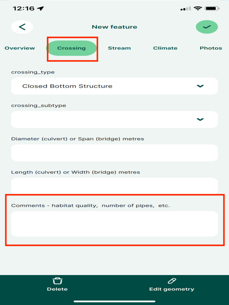 Left: Place to write detailed comments regarding the habitat in the `Crossing` section of the form. Right: Place to write climate-related comments in the `Climate` section of the form.