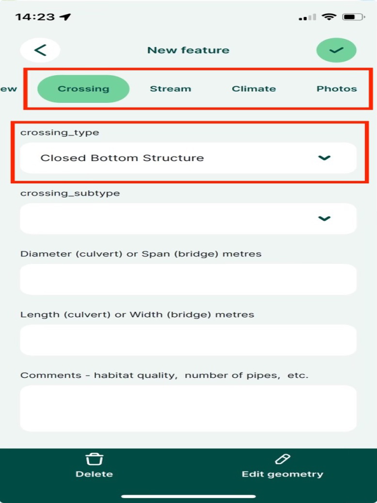 The `Stream` and `Climate` sections will only become visible if you have selected `closed bottom structure` for the `crossing type`