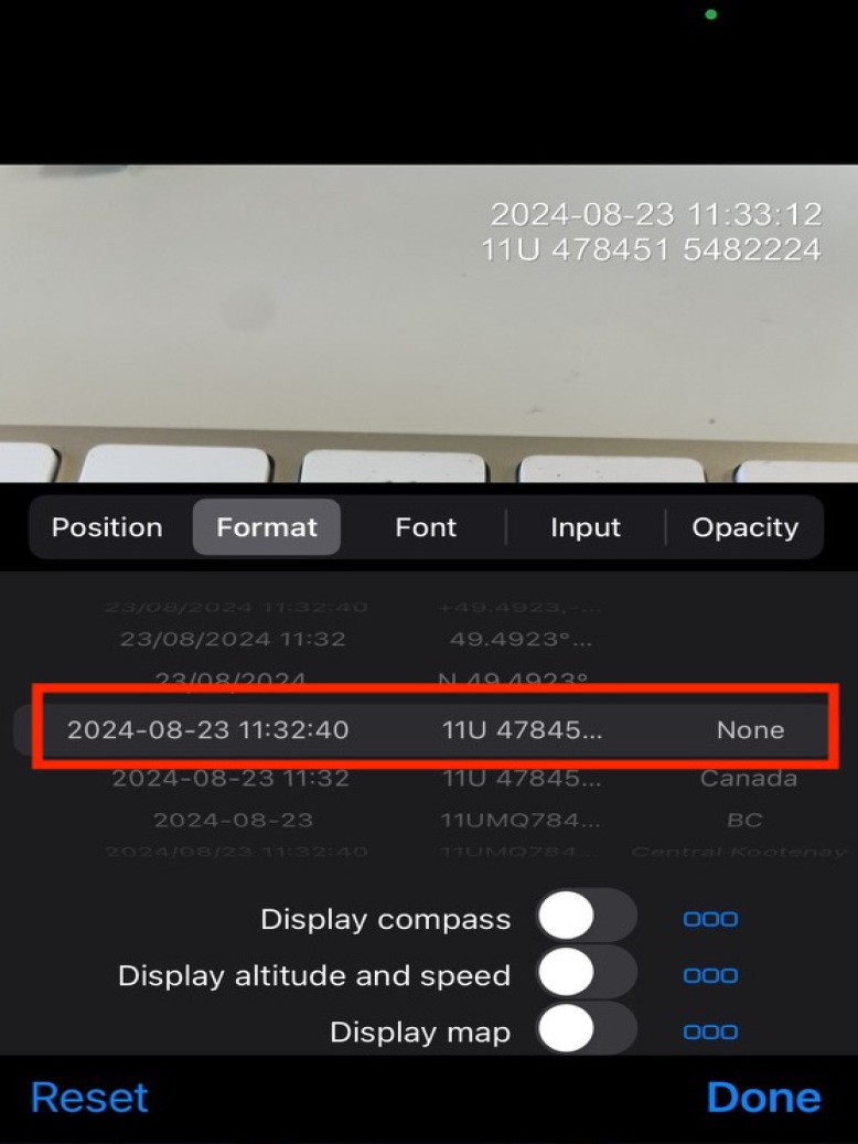 Left: Navigate to the Timestamp settings by pressing the 'clock' icon in the bottom right corner when in the timestamp app. Right: Use these Timestamp settings.