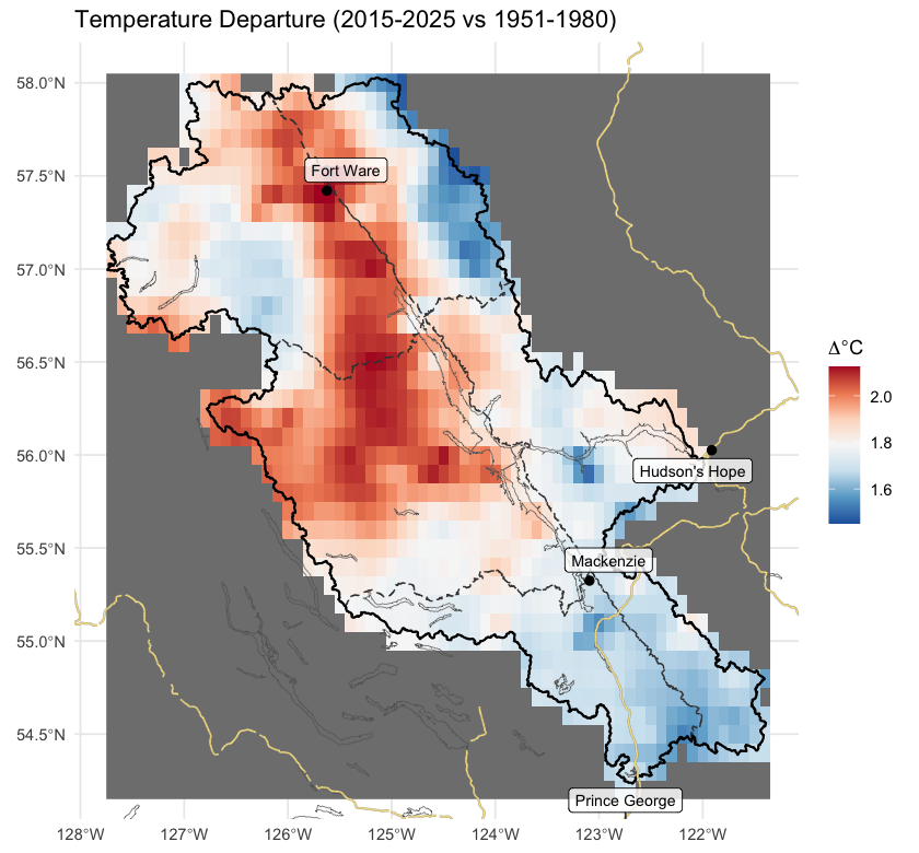 Spatial pattern of annual mean temperature departure across the FWCP Peace Region (2015-2025 mean minus 1951-1980 mean, degrees C). Warming is broad but uneven — the west-of-Rockies pattern is consistent with windward-slope amplification along the Continental Divide.