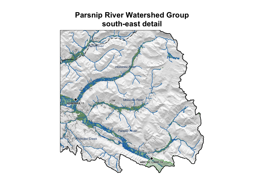 South-east corner of the Parsnip River Watershed Group at full resolution — the headwaters around Arctic Lake on the continental divide. Symbology as Figure \@ref(fig:flood-map-wsg); named streams labelled in italic blue; municipalities outlined and labelled in red where present.