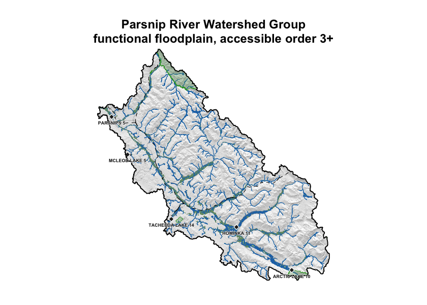 Parsnip River Watershed Group functional floodplain (green) over hillshaded terrain. Bull trout accessible order-3+ streams in blue; lakes and wetlands in light blue; parks light green; First Nations reserves light grey with diamond markers and labels; municipalities outlined in red; forest service / resource roads grey; railways black dashed; watershed boundary heavy black.
