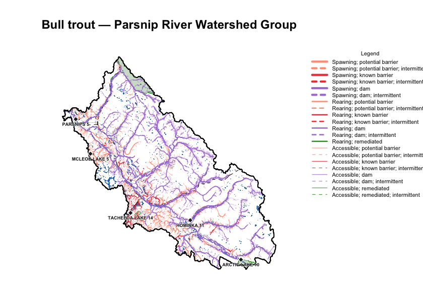 Bull-trout habitat and connectivity classification across the Parsnip River Watershed Group. Each stream segment is coloured by the most significant barrier downstream and weighted by habitat value; the legend gives the full key.
