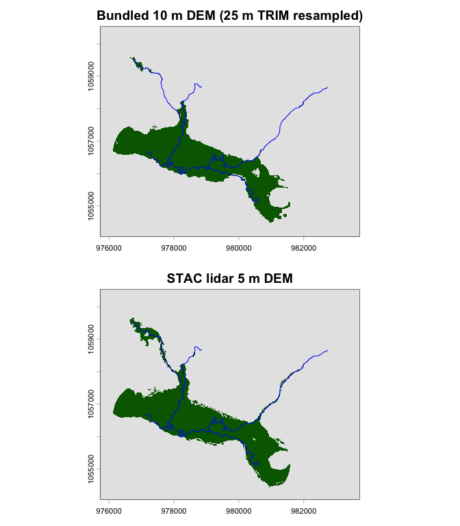 Valley delineation from bundled 10 m DEM (top) vs STAC lidar DEM (bottom).