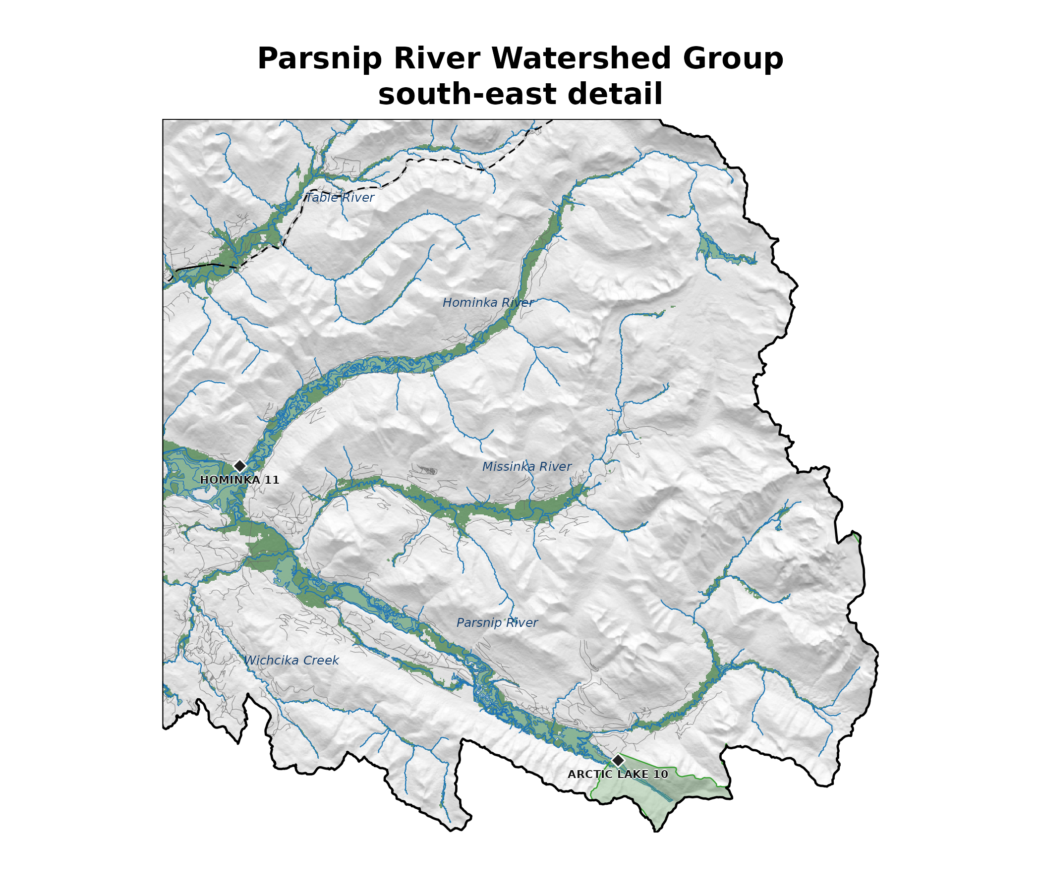 South-east corner of the Parsnip River Watershed Group at full resolution — the headwaters around Arctic Lake on the continental divide. Parks (light green), First Nations reserves (light grey polygon with black diamond marker + formal english_name label at centroid), waterbodies, valleys, named streams (italic blue labels), roads (grey), railways (black dashed).