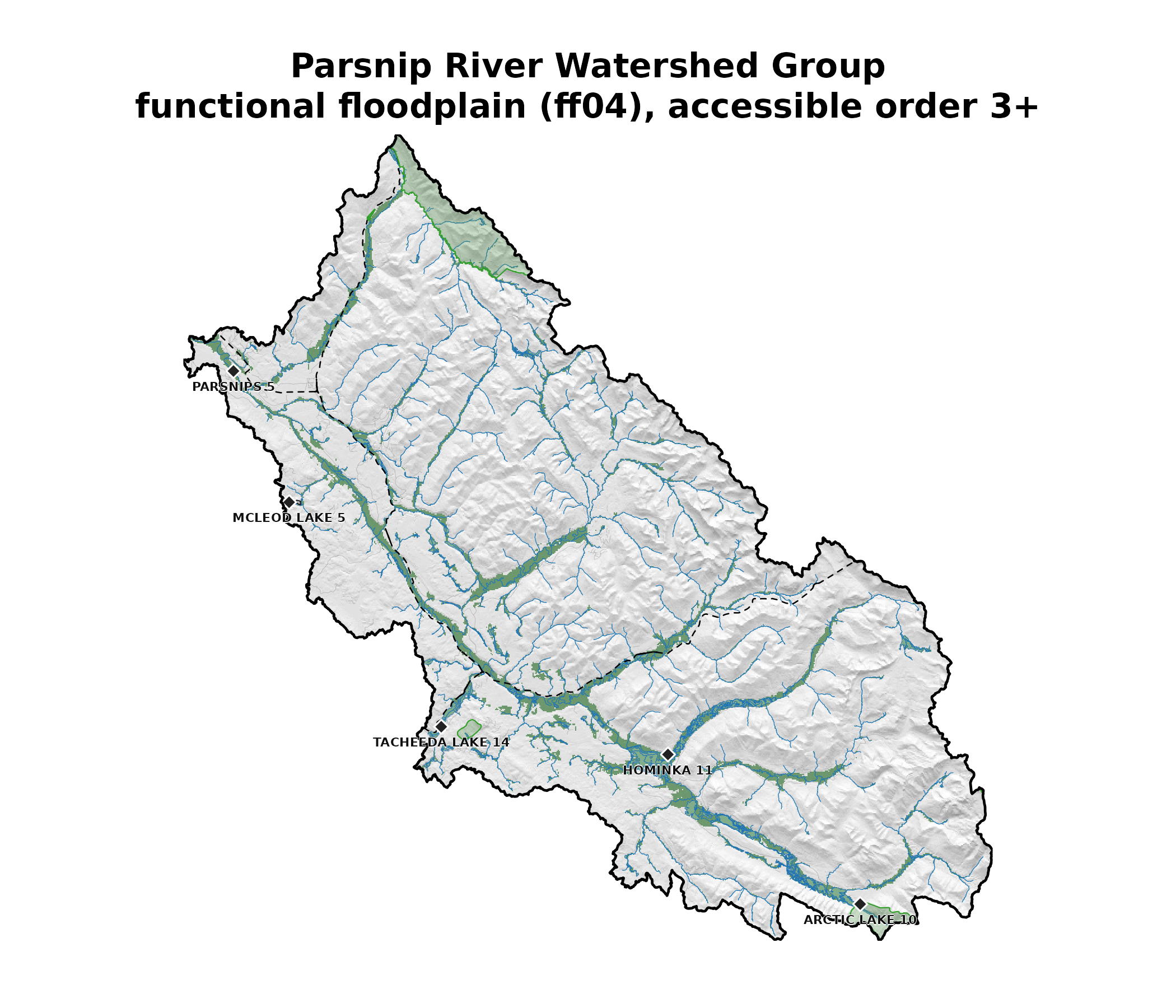 Parsnip River Watershed Group unconfined valleys (green) over MRDEM-30 hillshade. Parks (light green polygon), First Nations reserves (light grey polygon, black diamond marker at centroid + label), accessible order 3+ streams in blue, lakes and wetlands in light blue, forest service / resource roads grey, railways black-dashed, watershed boundary heavy black.