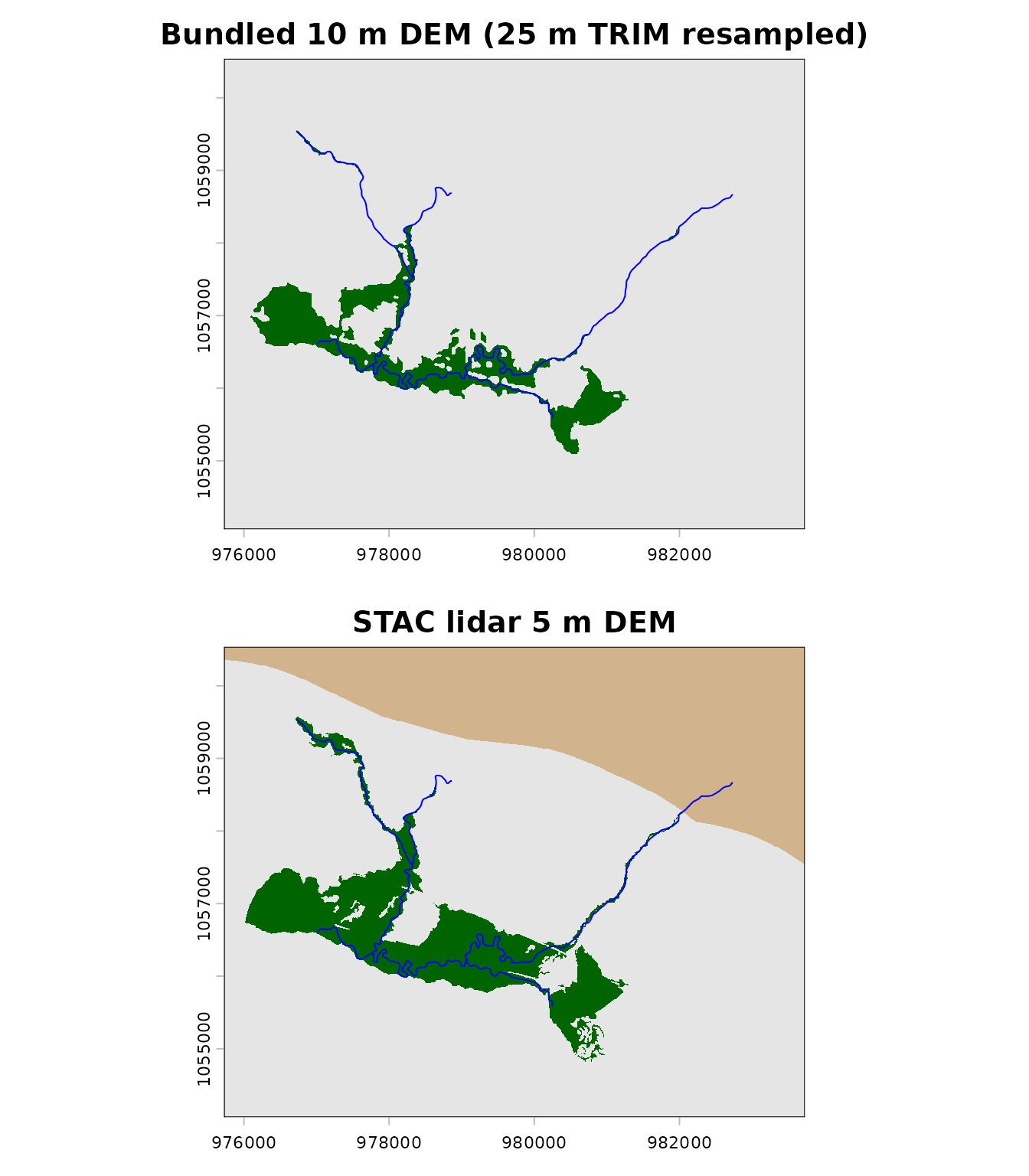Valley delineation from bundled 10 m DEM (top) vs STAC lidar DEM (bottom). Green is valley, grey is not; tan in the bottom panel has no 2019 lidar, so it was not assessed.