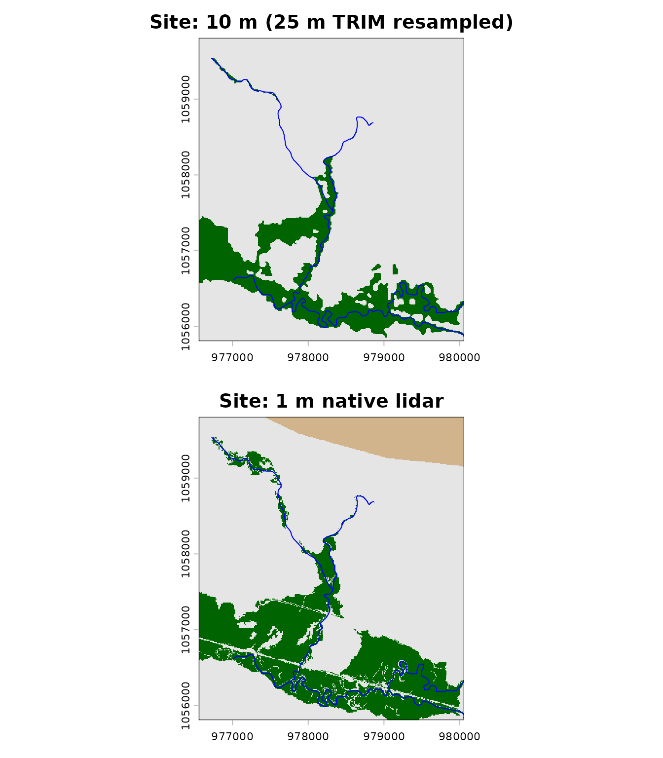 Site-level comparison: resampled 10 m (top) vs native 1 m lidar (bottom). Narrow linear breaks emerge at 1 m. Tan in the bottom panel has no 2019 lidar.