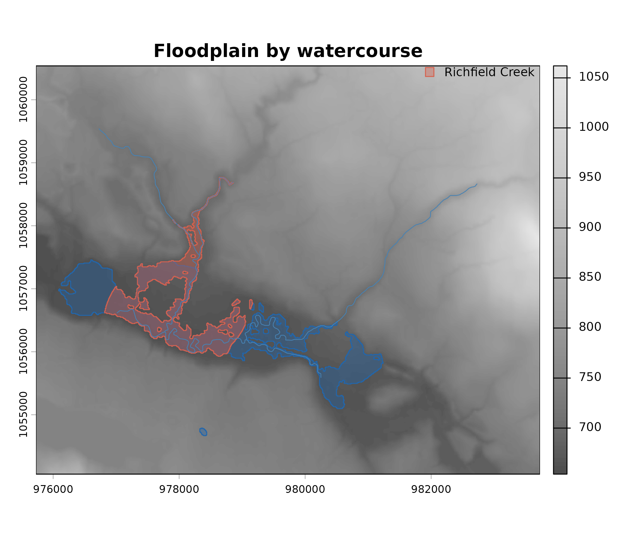 Floodplain attributed per watercourse. Blue is the Bulkley River mainstem, orange is Richfield Creek; the hatched overlap near the confluence belongs to both.