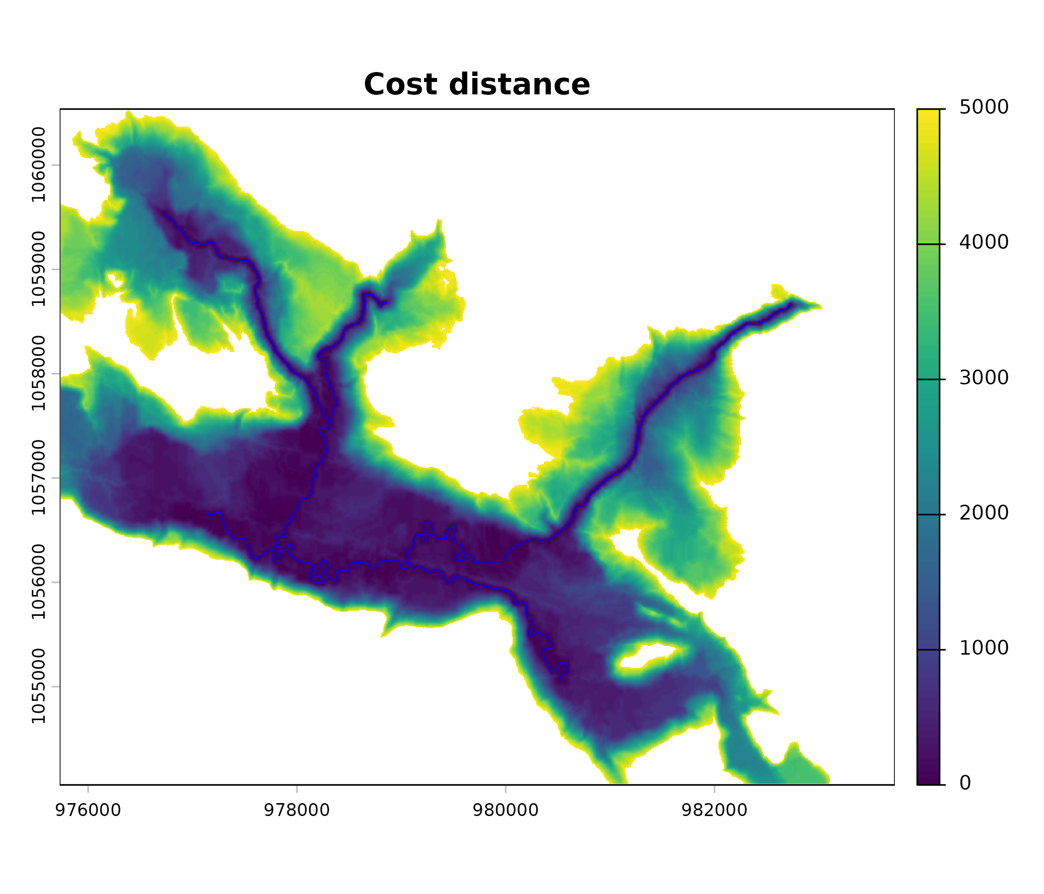 Cost distance from streams. Warm colours = high cost.