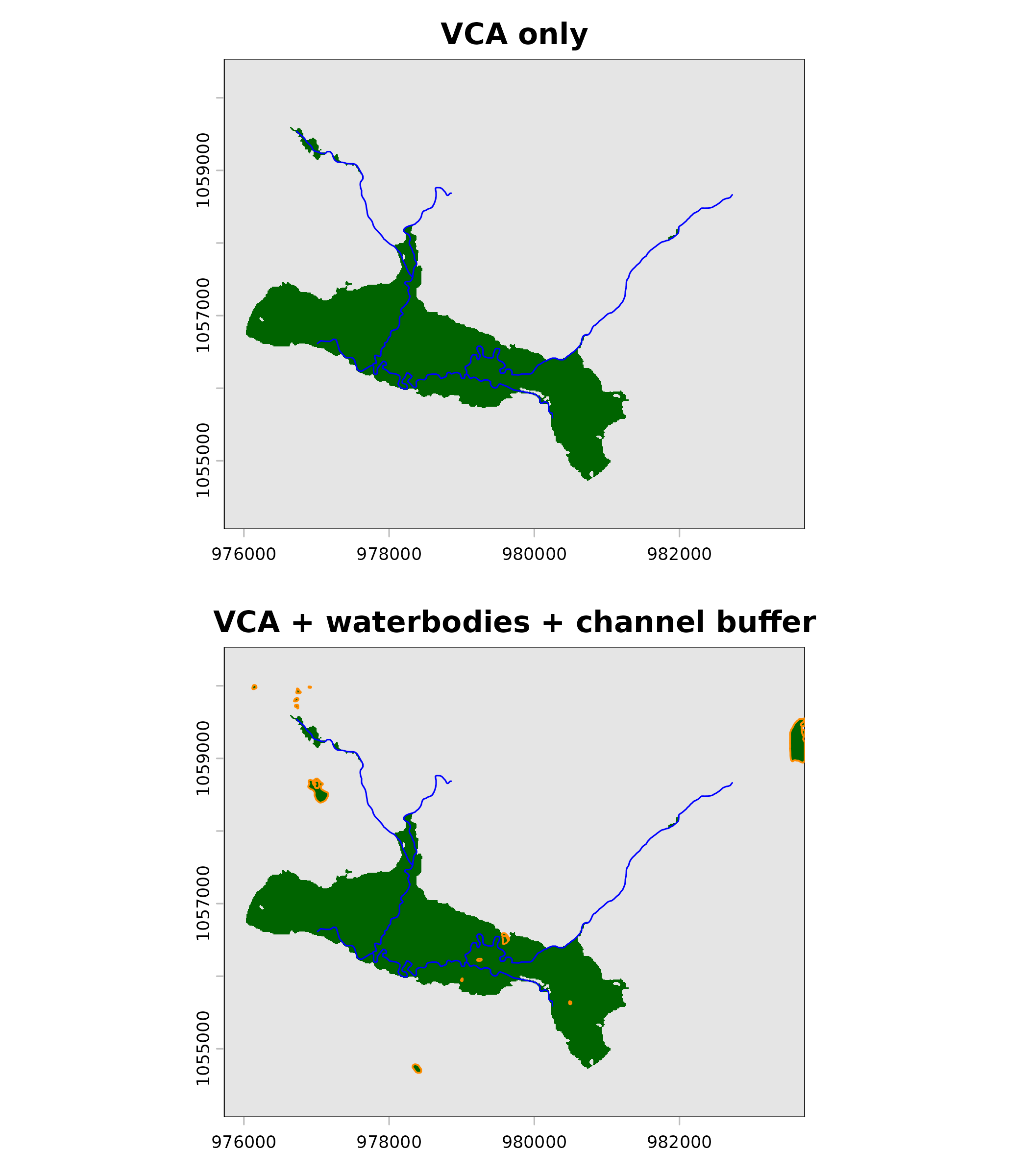 Valley delineation without (top) and with (bottom) waterbodies and channel buffer. Dark green = VCA valley floor, blue lines = streams, orange outlines = waterbody polygons (lakes and wetlands) added via logical OR. Waterbodies fill donut holes left by the terrain-based VCA where flat water surfaces read differently than surrounding floodplain.
