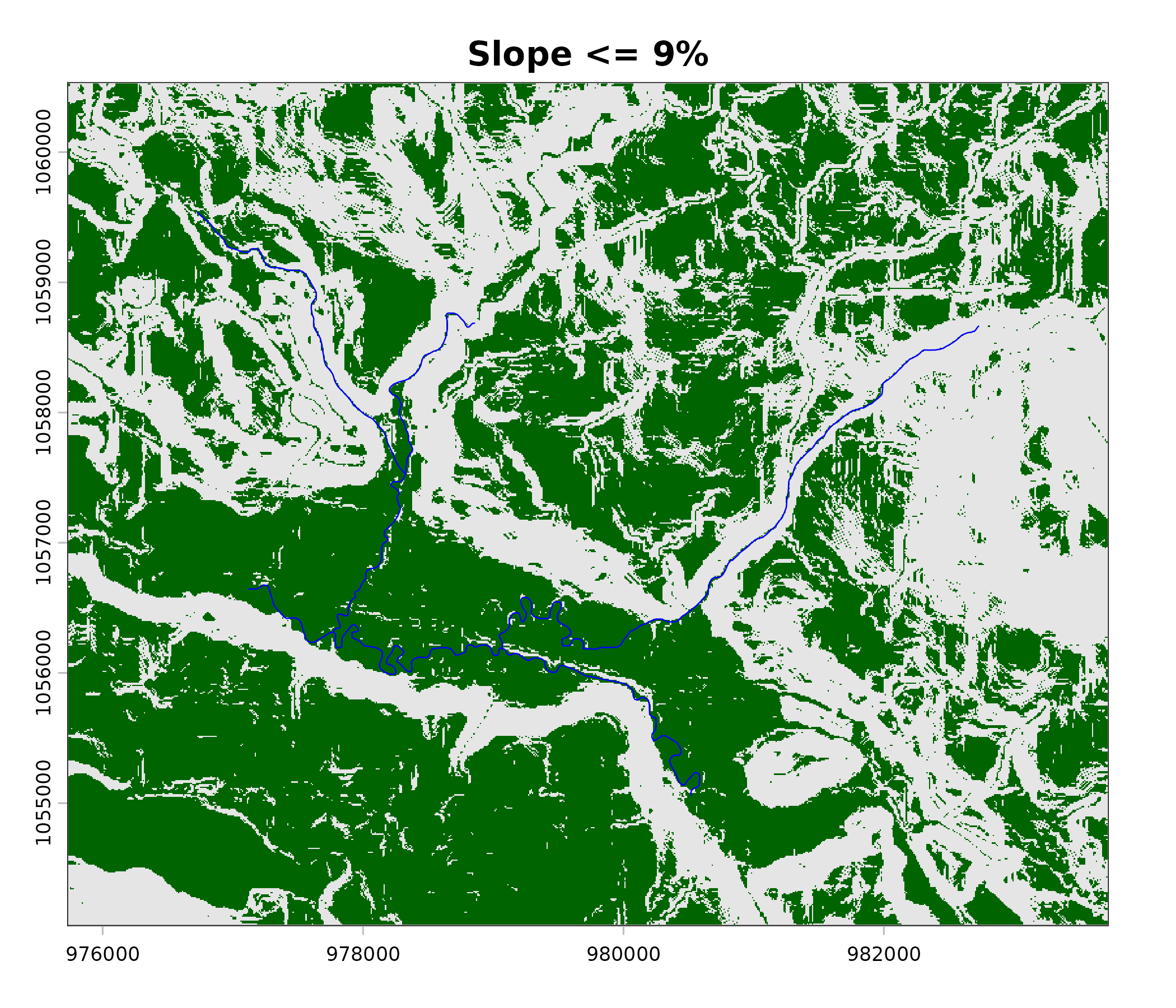 Slope mask: green = slope <= 9%.