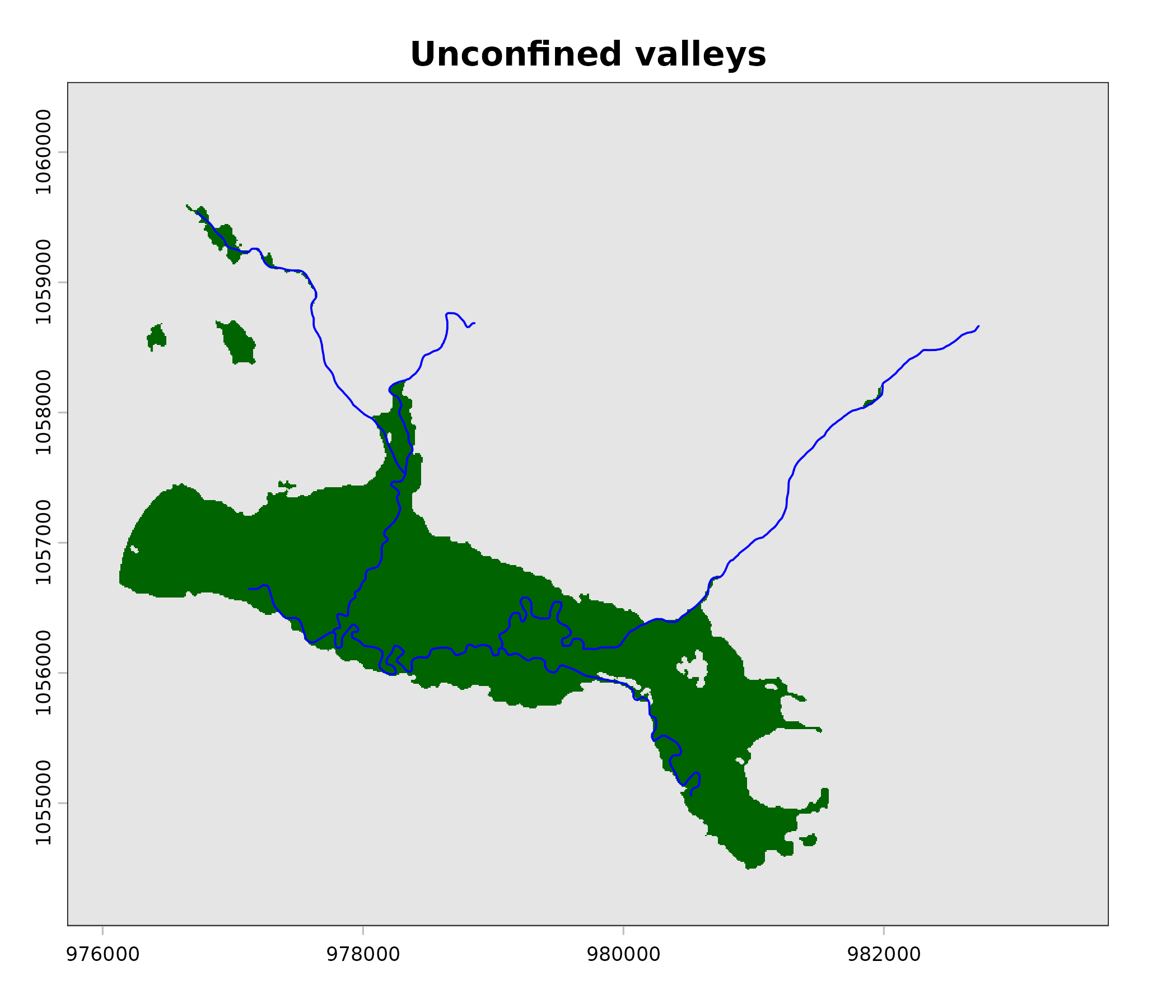 Unconfined valleys (green) with stream network.