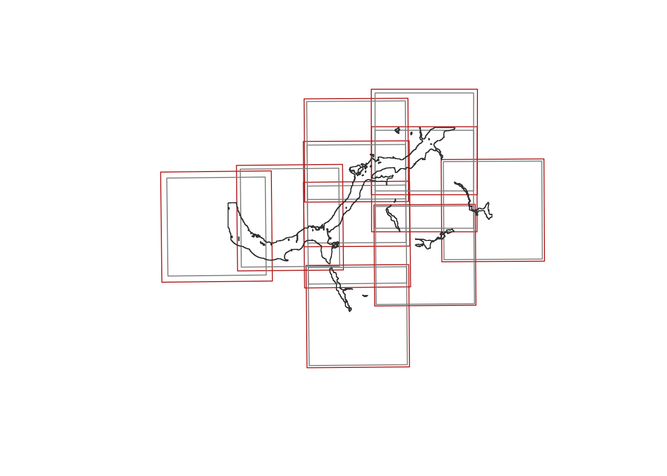Flat-terrain footprints (grey) against terrain-adjusted footprints (red) for the 1:31680 frames. The correction is a uniform enlargement per frame, not a change of shape.