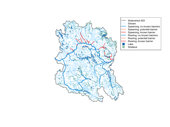 Upstream network from the Neexdzii Kwa / Wedzin Kwa confluence. Light blue: all FWA streams. Coloured overlay: coho rearing and spawning habitat (order 4+) from bcfishpass, styled with the gq registry.