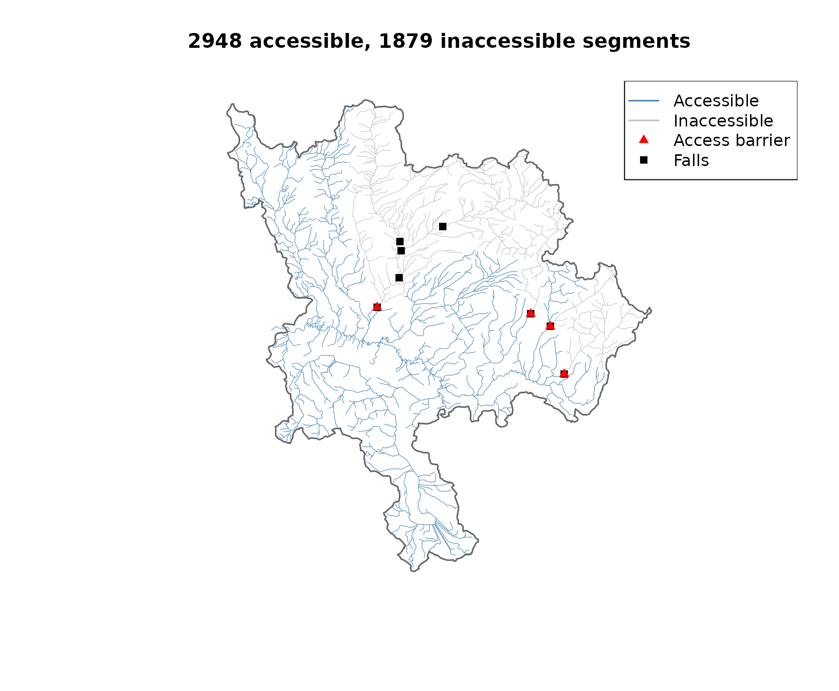 Accessible (blue) and inaccessible (grey) reaches. Red triangles mark access barriers. Black squares are all known falls.