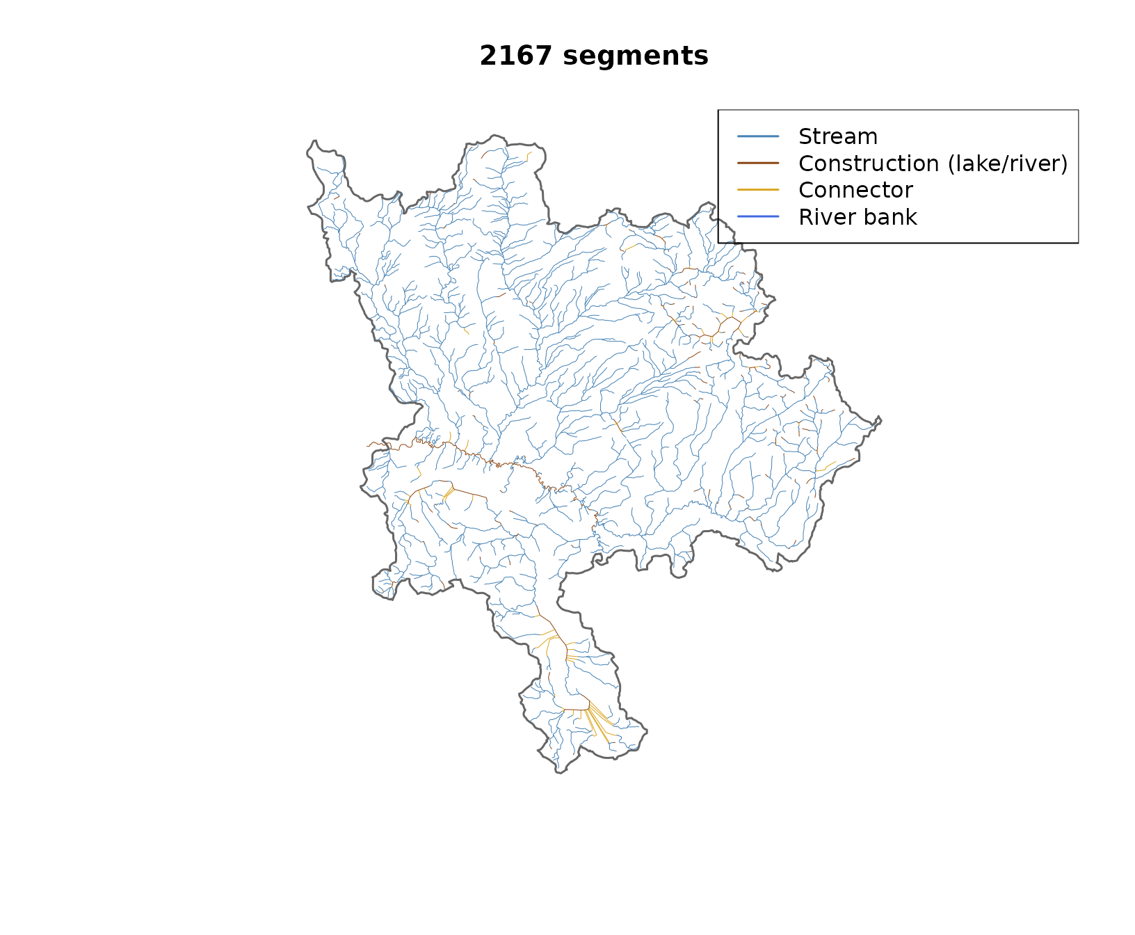Stream network coloured by edge type. Construction lines (brown) are centrelines through lakes and double-line rivers. Single-line streams (blue) carry the main flow.