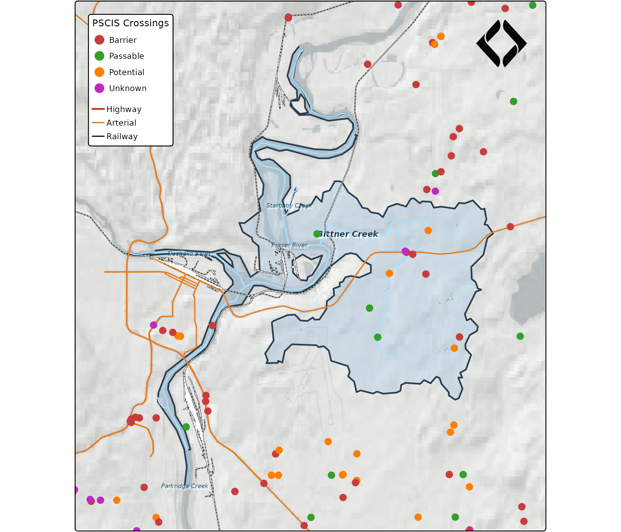 Study area map of Bittner Creek watershed near Prince George showing streams, lakes, roads, railway, and PSCIS crossings