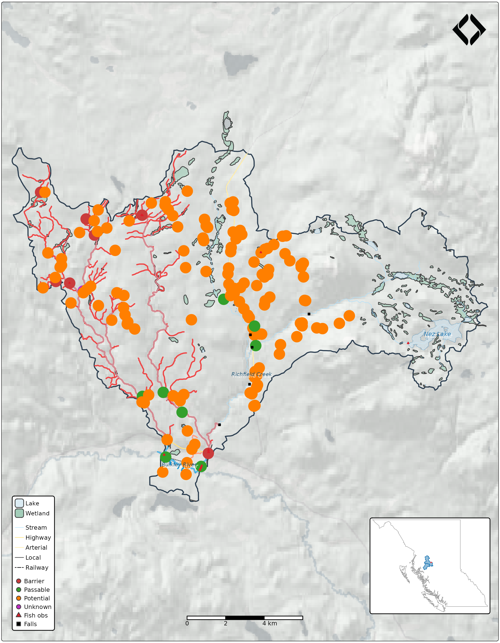 Map of a Neexdzii Kwa subbasin showing salmon habitat, crossings, fish observations, streams, lakes, wetlands, roads, and railway styled from the gq registry